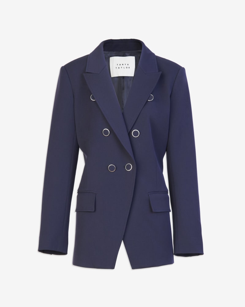 Front of a size 14 Michelle Blazer in Maritime Blue by Tanya Taylor. | dia_product_style_image_id:322385